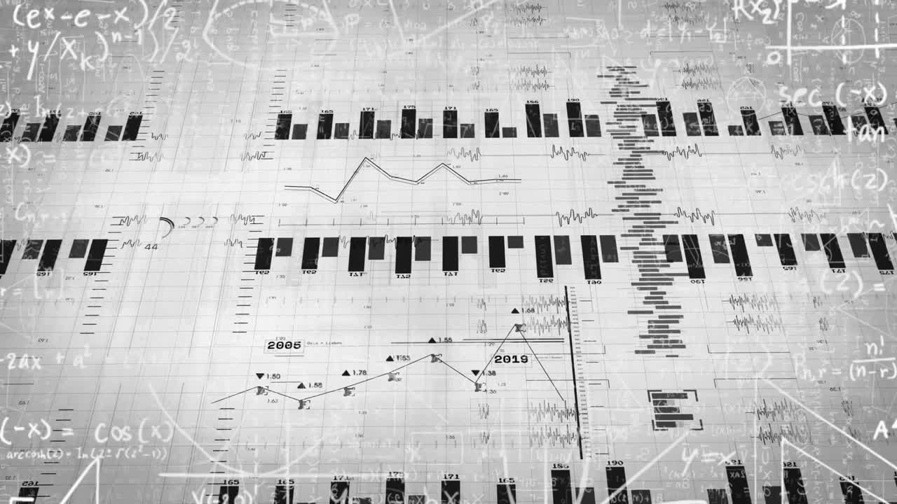 Grid-triggered bars emerging and expanding into quadrants with line graphs tracing trends rotating
