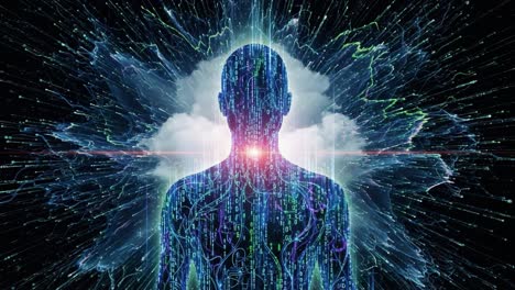exploring the intersection of humanity and technology: a digital representation of the human form surrounded by a cosmic data stream and electric energy