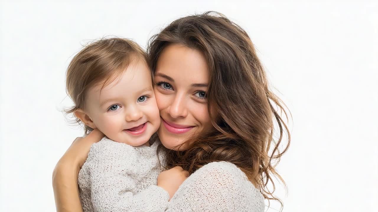 Mother smiles joyfully with her baby in a bright and simple setting