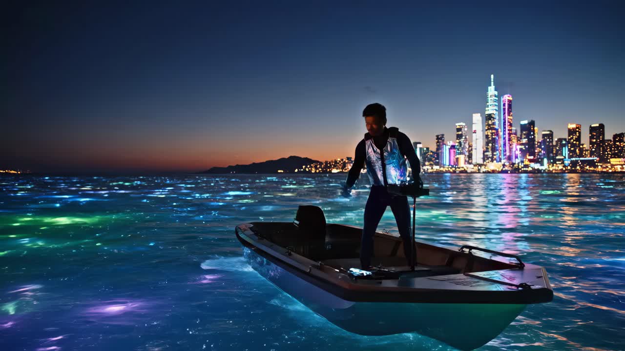 A man in a boat with a futuristic cityscape in the background