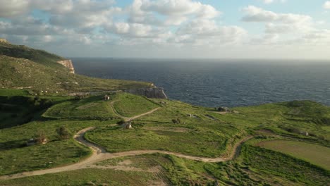 aerial: panoramic view of malta coastline with mediterranean sea washing shores