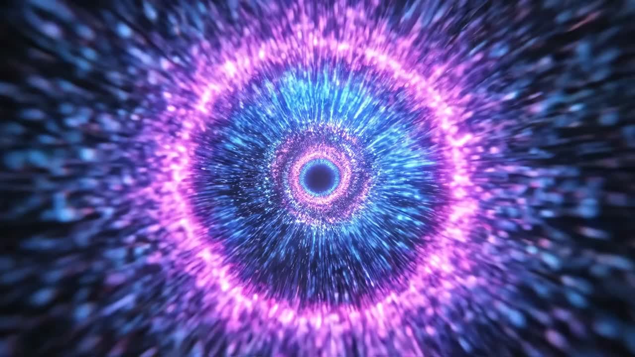 Tunnel Astratto Dinamico di Particelle Luminose Blu e Viola