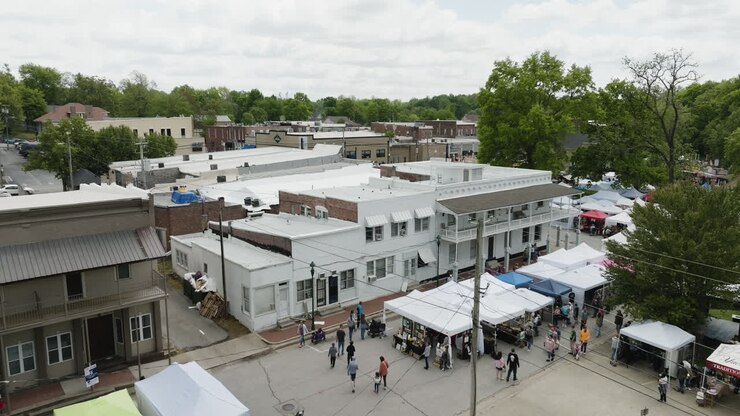 Drone Fly Over Downtown Siloam Springs During The Yearly Dogwood Festival In Arkansas, USA