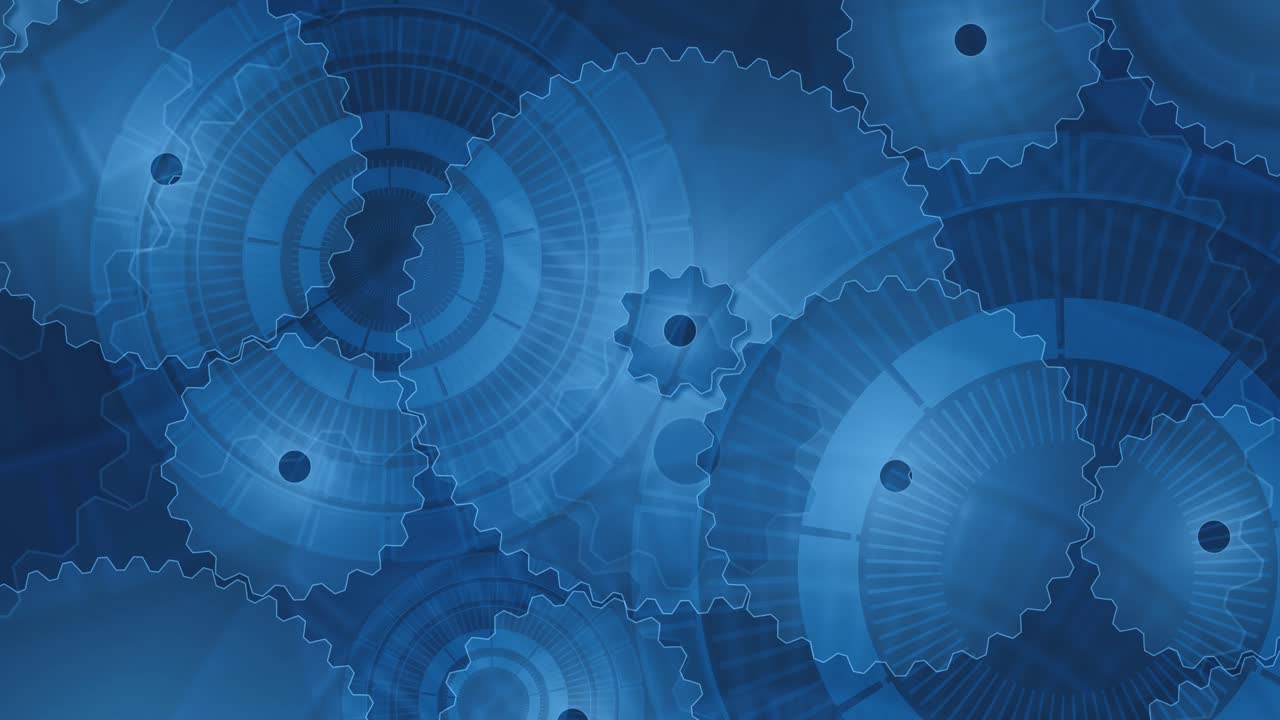 Cogs and gears abstract loopable background design, blue mechanical clockwork components, complexity, automation and complex processes, innovation, and interconnected systems