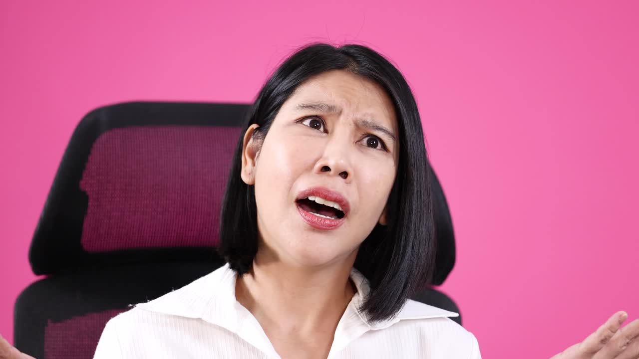 Woman in white shirt reacts with confusion and surprise, seated, bright lighting, static camera