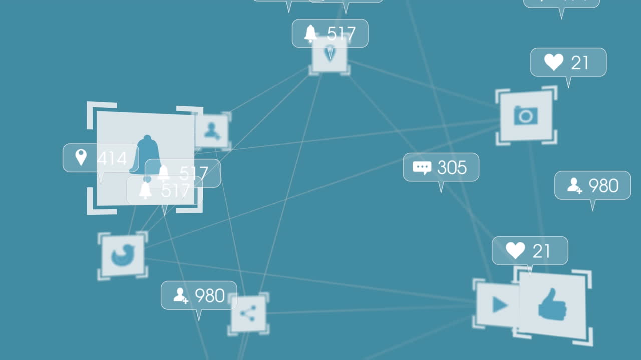 animación de la red de iconos de medios sobre las notificaciones de las redes sociales en fondo azul