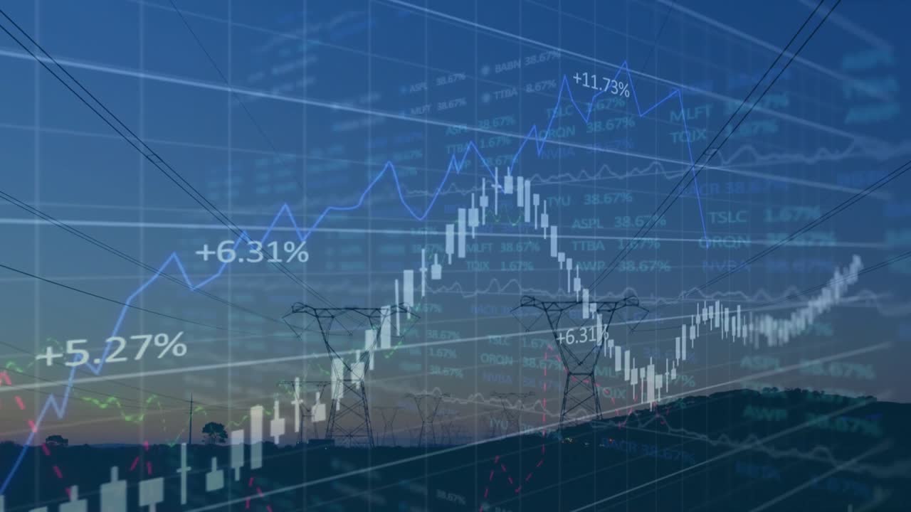 Left faint candles starting, candle chart dipping then rising, showing market trend over dusk hills