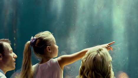 family pointing at fish in the aquarium