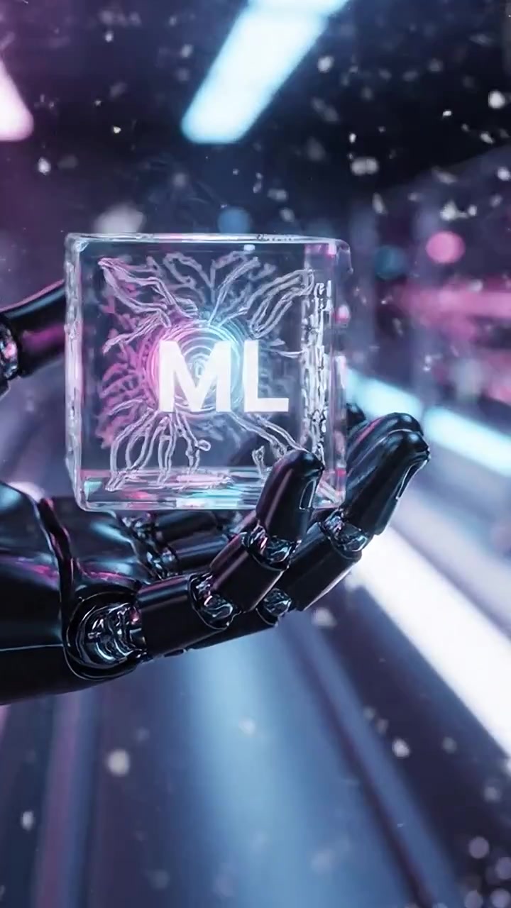 Mano robotica futuristica che tiene un cubo luminoso con luci dinamiche, ambientato su uno sfondo innevato, che mostra tecnologia avanzata e un design accattivante.