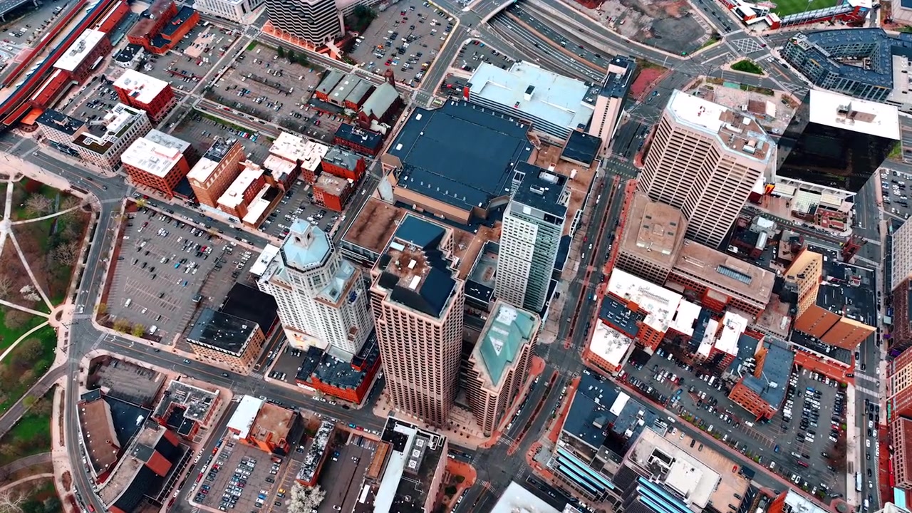 Plenty of parking lots in the scenery of modern city. Top view on the downtown of Hartford, Connecticut, USA at day.