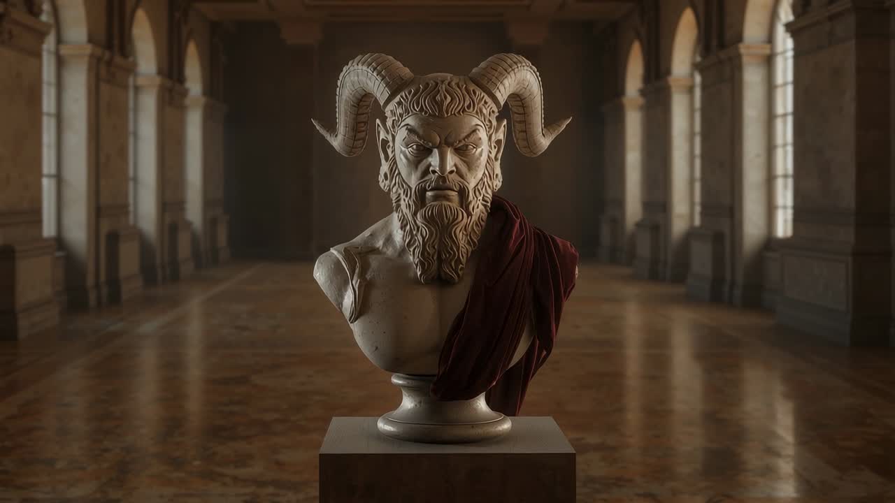 Clouds moving outside windows casting shifting light across marble bust with red drape in museum