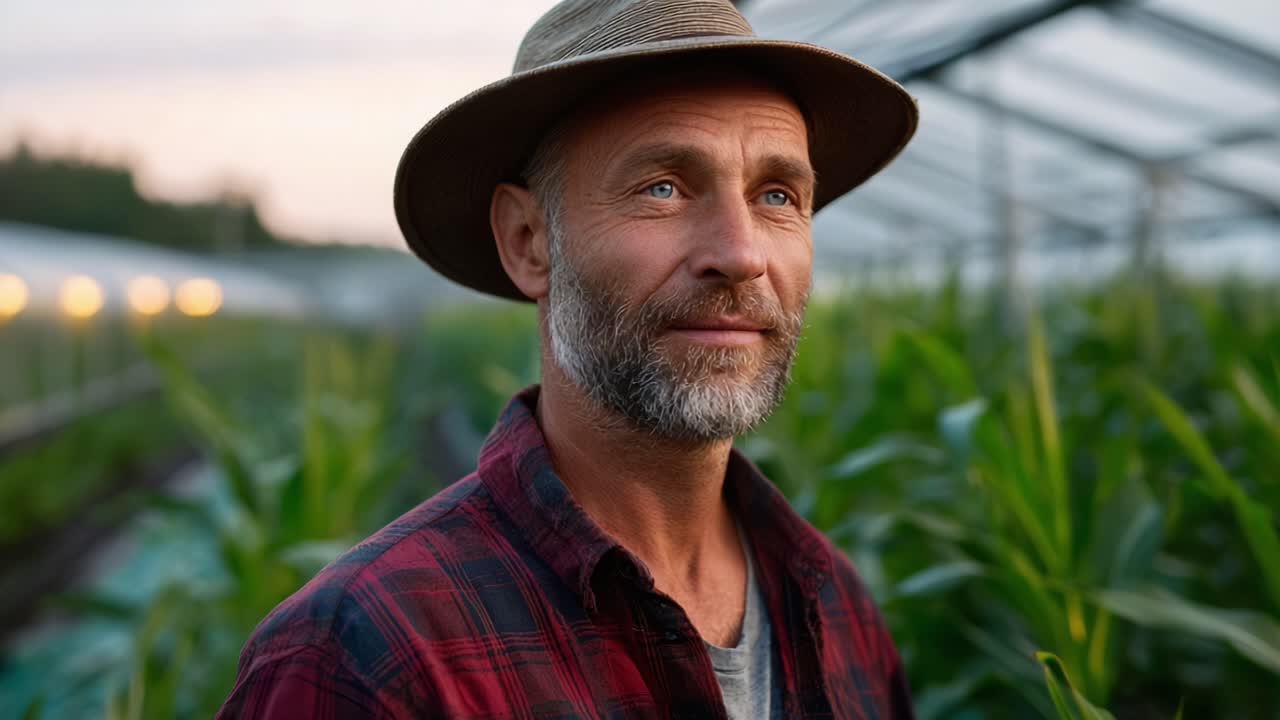 Portrait of a thoughtful farmer in a greenhouse surrounded by vibrant green plants, showcasing dedication to agriculture and connection with nature at sunset