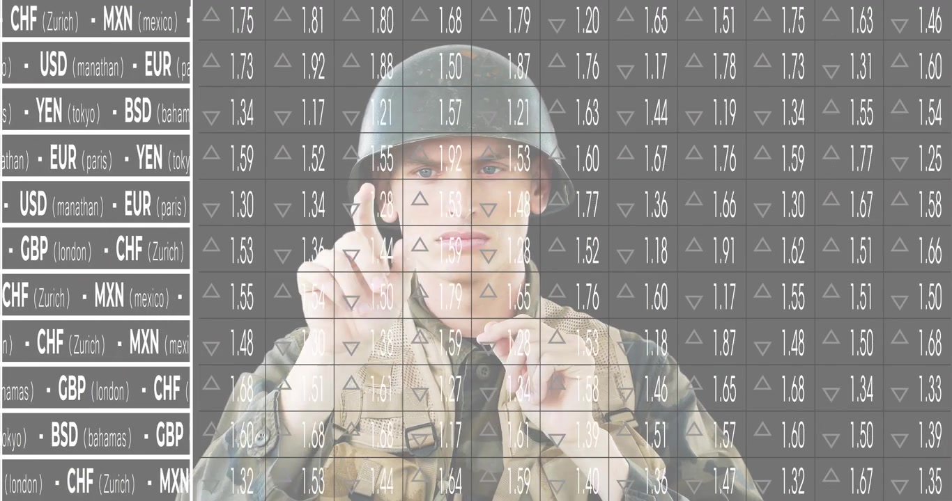 Currency rates overlay appearing while soldier raising hands to chin strap securing combat helmet