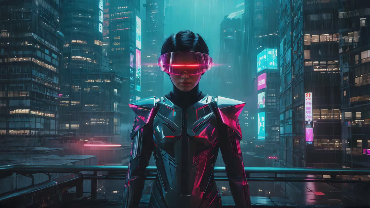 Futuristic Cyberpunk Woman in a Neon Cityscape