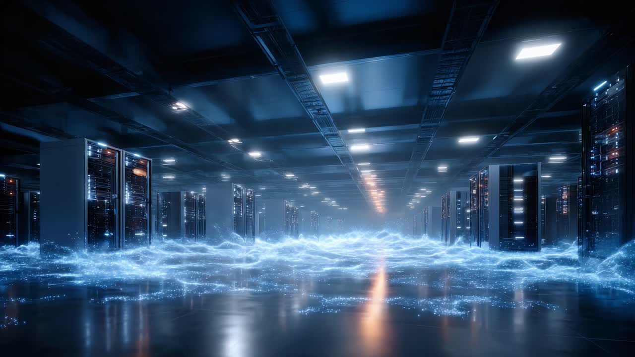 A Futuristic Data Center: Surreal Waves of Light Illuminating Rows of Server Racks in a High-Tech Environment, Creating an Ethereal and Captivating Atmosphere