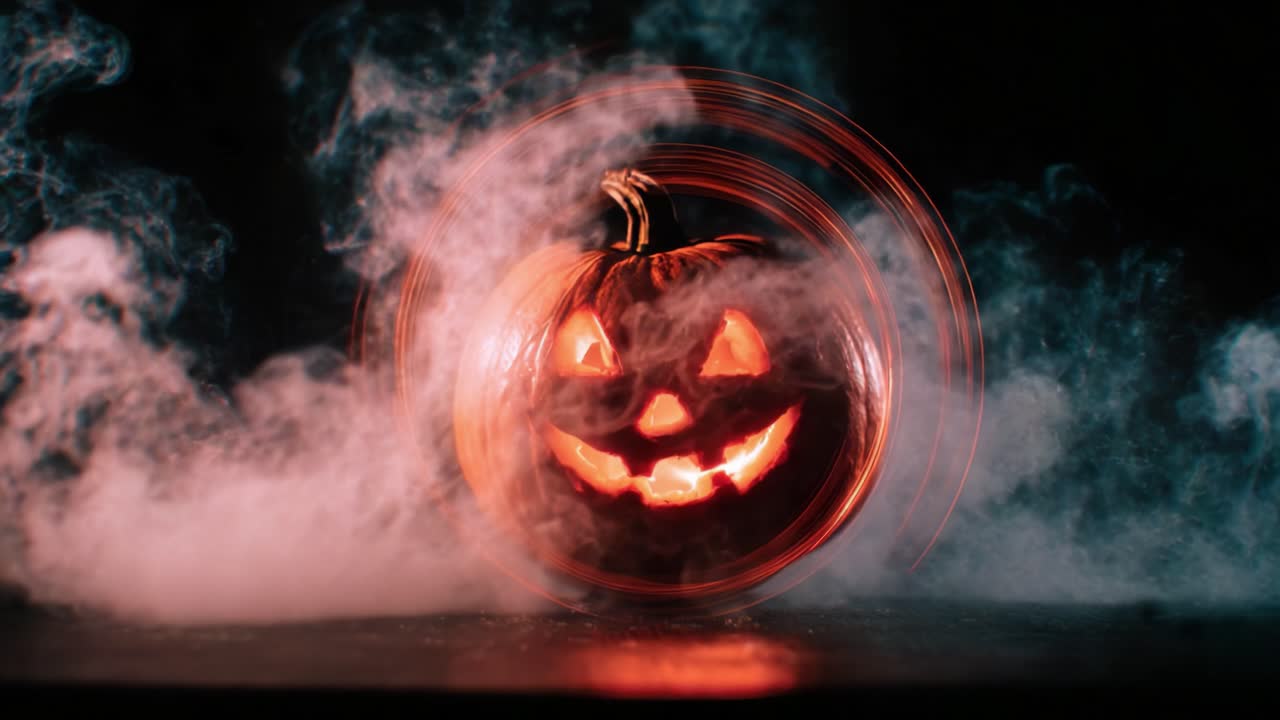 A Spooky Pumpkin Surrounded by Mystical Smoke and Light Trails, Celebrating the Halloween Spirit with Eerie Glow and Whimsical Charm