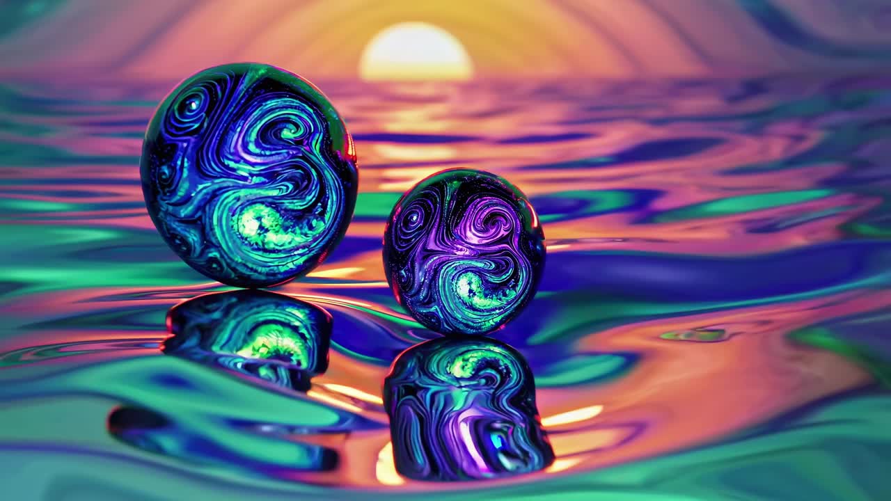Colorful iridescent marbles are gently floating on a surreal, reflective liquid surface, with a warm sunset in the background, creating a mesmerizing and abstract scene