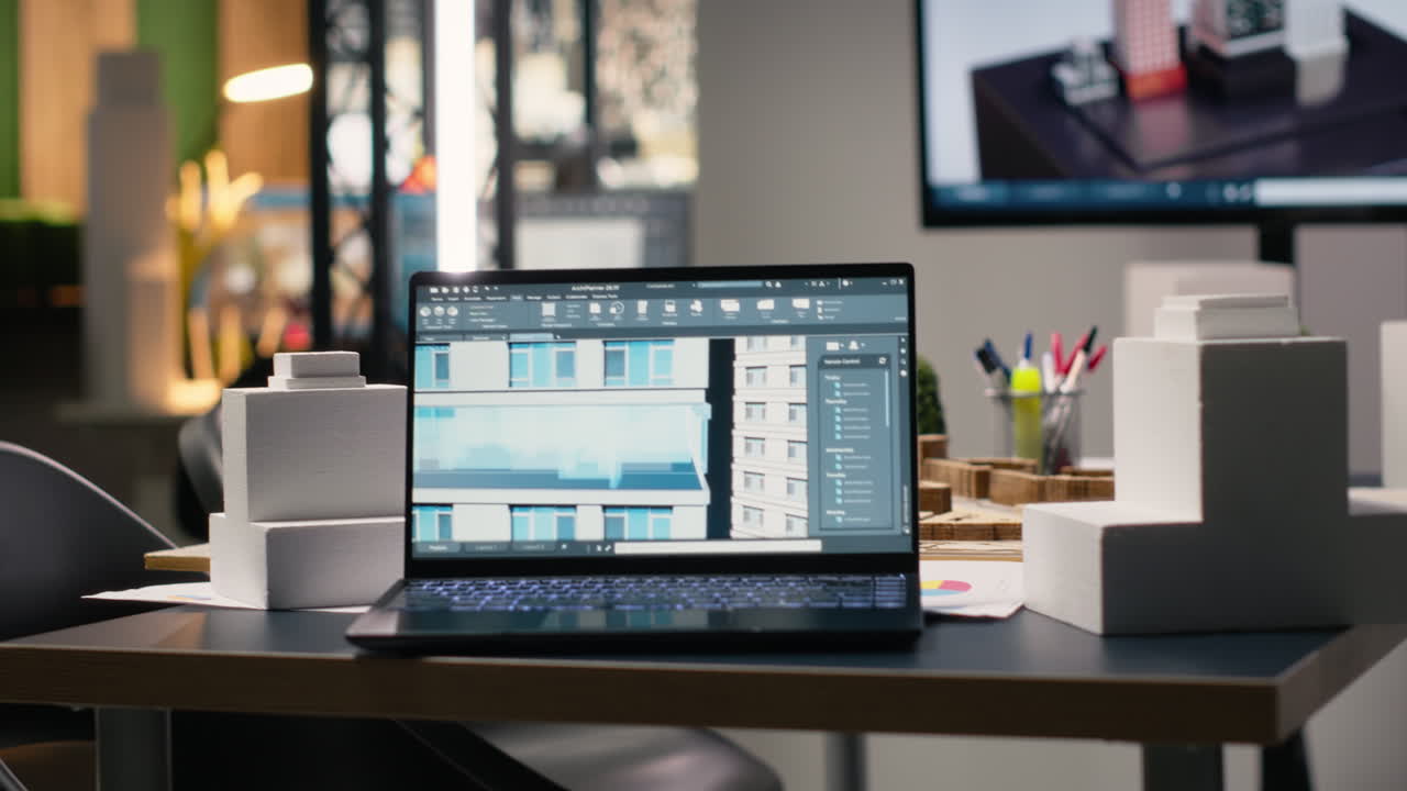 Empty real estate development office filled with blueprints and 3D models