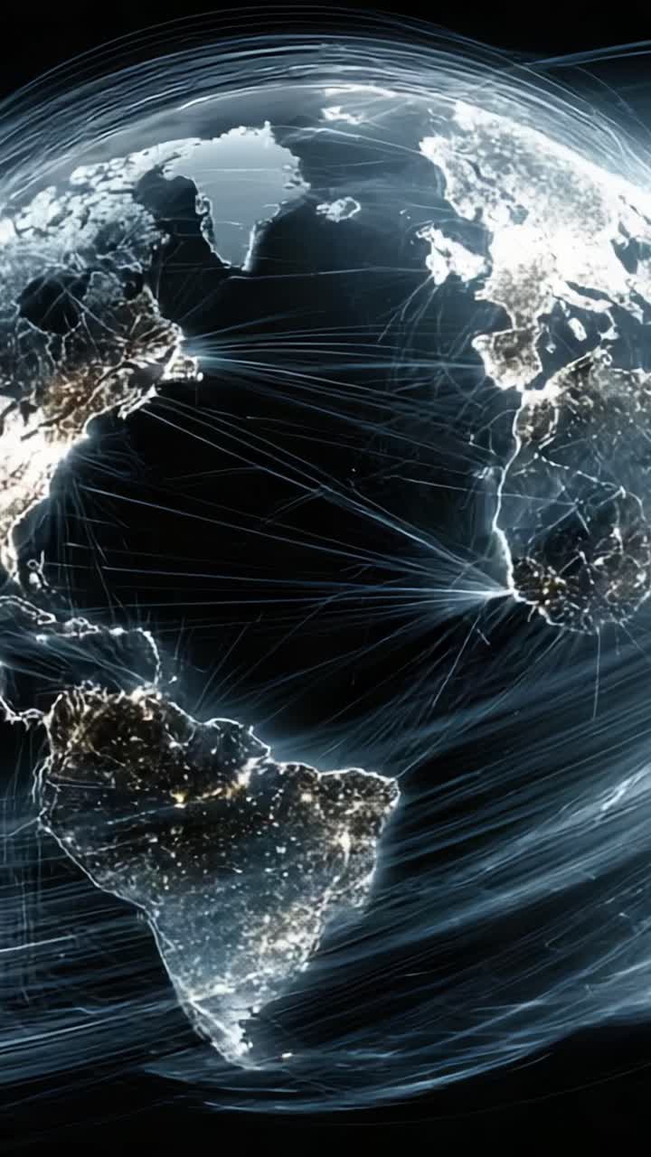 Una splendida rappresentazione della Terra che mette in risalto la connettività globale attraverso flussi di luce su uno sfondo scuro, mostrando la vista notturna di continenti e oceani