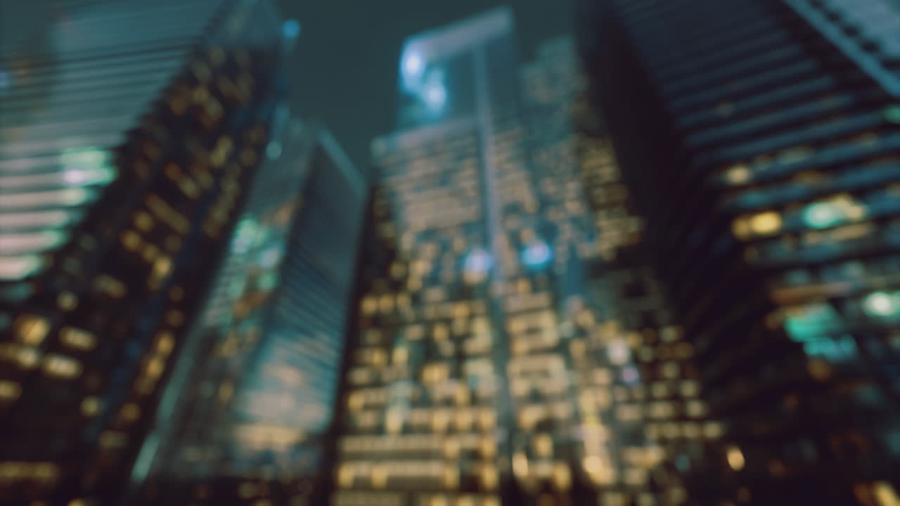 Captivating city skyline illuminated by evening lights from towering buildings