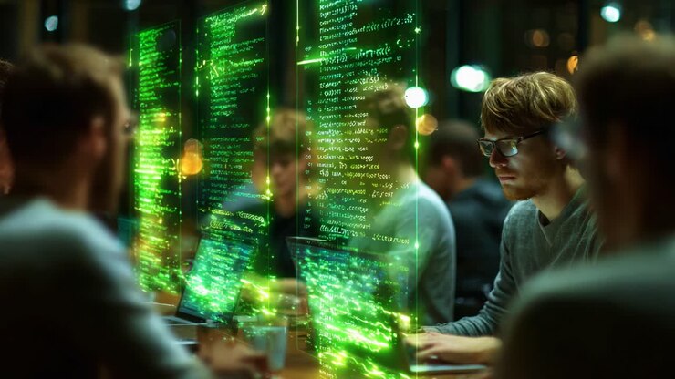 A Focused Programmer Analyzing Data on Multiple Monitors, Surrounded by a Glowing Digital Environment and Reflective Surfaces, Capturing the Essence of Modern Technology and Innovation