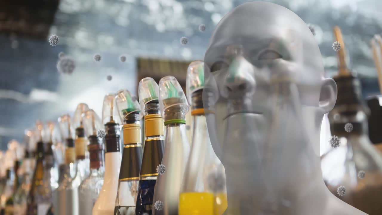 인간의 머리 위에 떠다니는 코로나19 세포와 바에 있는 병의 애니메이션