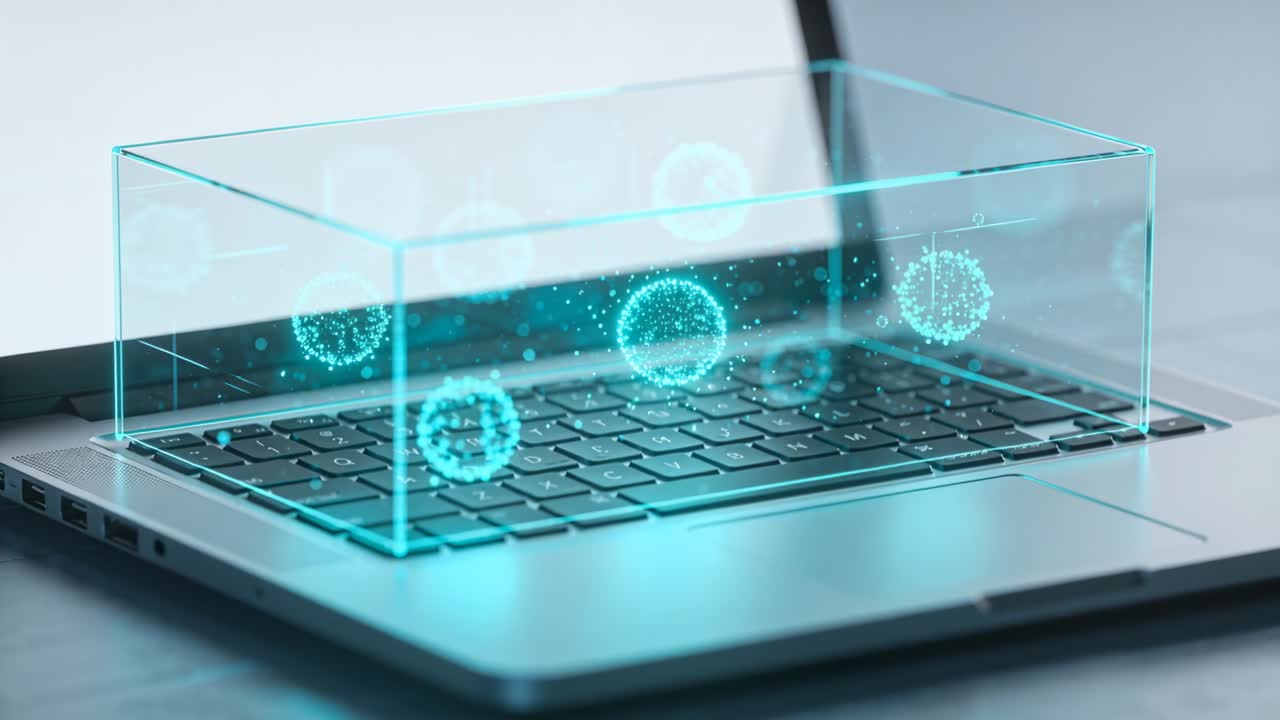 Cyan glow sparking holo prism forming above keyboard, orbs glowing and drifting to show clusters