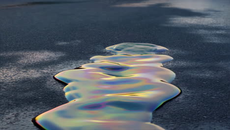 iridescent oil slick puddle on asphalt