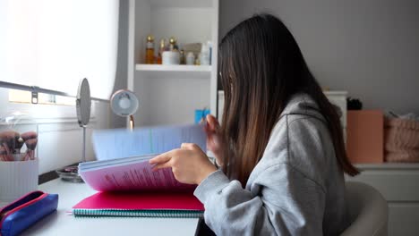 mujer joven leyendo de una carpeta en un escritorio de estudio en el entorno doméstico, 4k