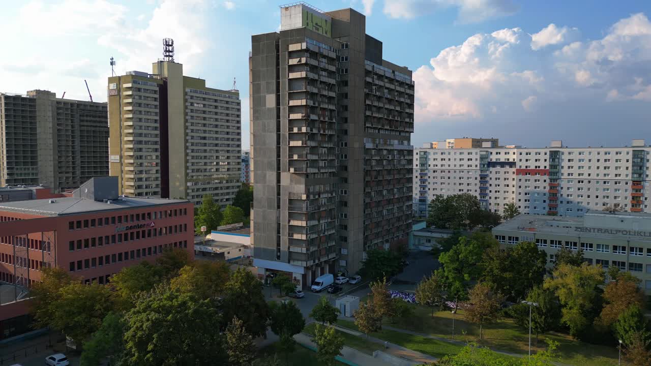 halle neustadt damaged plattenbau Prefabricated building, saxony anhalt, germany, damaged buildings. Stunning aerial view flightpull in drone
