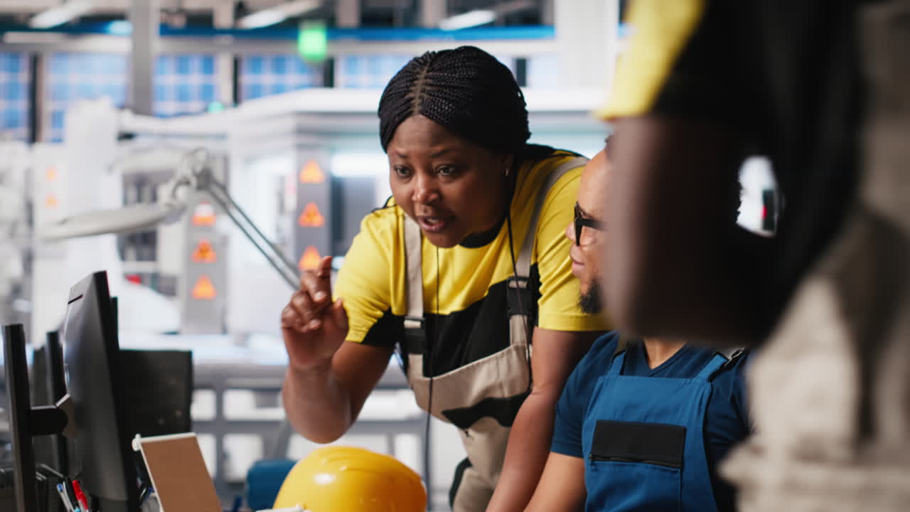 Vertical Video Technicians in photovoltaics factory reviewing solar panels assembly lines