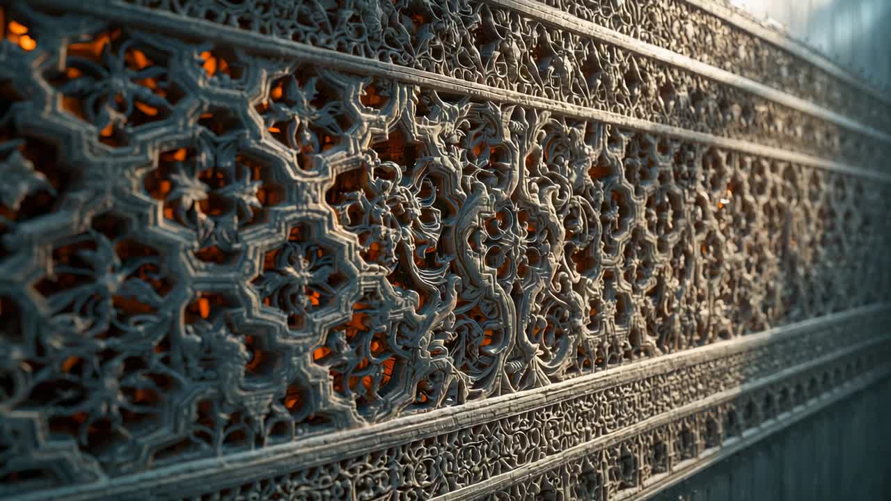 Telecamera in panoramica che rivela una elaborata griglia intagliata su una parete interna per mostrare i dettagli, retroilluminata da luce calda.