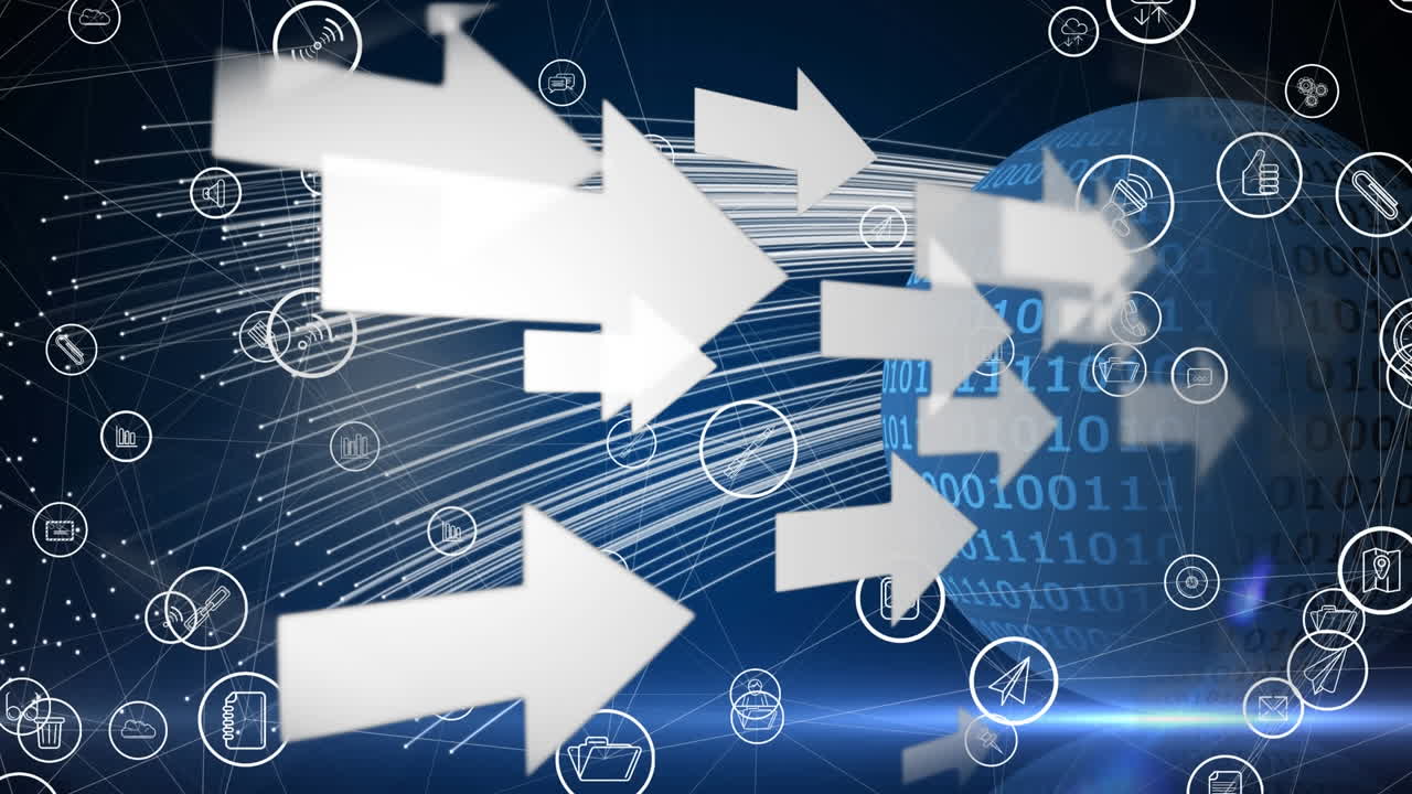 디지털 아이콘과  ⁇  화살표의 애니메이션 전 세계에 바이너리 코딩을 배경으로