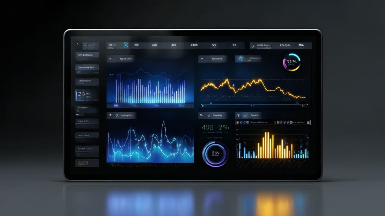 Digital dashboard displays financial charts and graphs in blue and gold. Glowing data visualizations pulse with motion. Dark background highlights sleek interface. Ideal for business, tech
