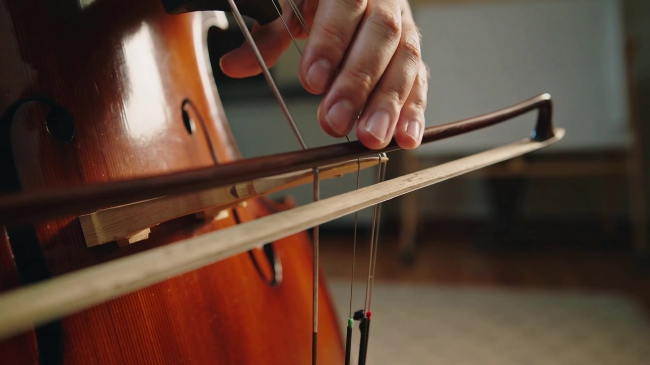 Arco che risponde sulle corde, mano nuda che preme, pizzicando le corde del violoncello al ponticello in studio per l'intonazione.