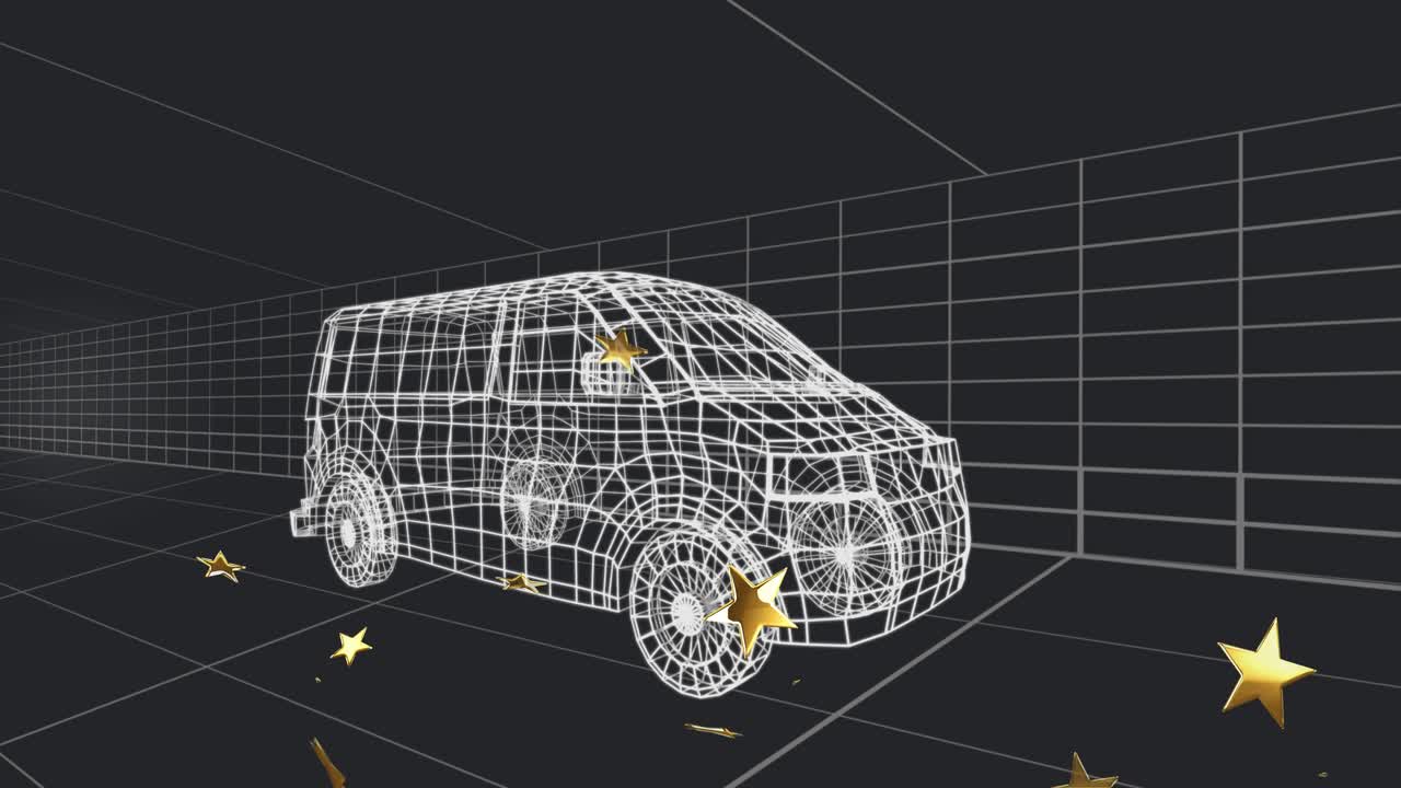 Wireframe van staying still, gold stars entering from below or right, grouping, drifting, adding dep