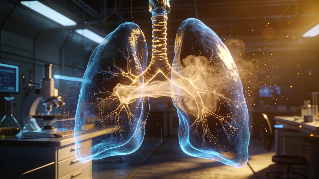 Mostrando pulmones holográficos después de la liberación de niebla, comenzando la vía aérea derecha a extenderse en los pulmones cerca de un equipo de observación en el laboratorio.