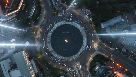 Traffic-scanners-tracking-cars-in-a-roundabout---3d-graphics-animation-----top-down-aerial