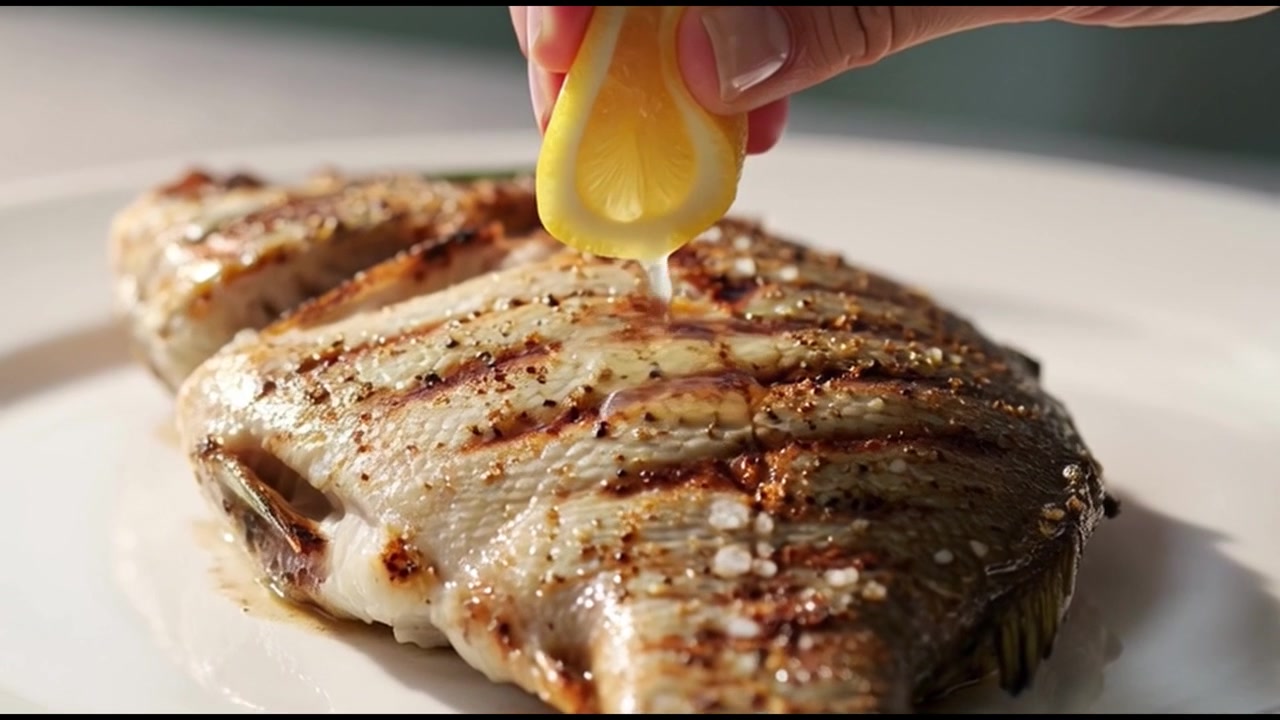 Mano che sprema succo di limone fresco sul pesce alla griglia
