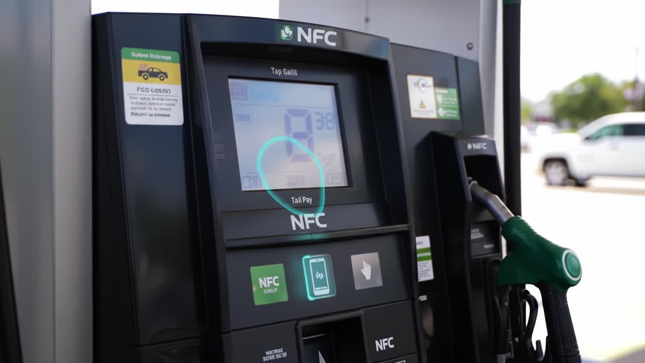 Modern Fuel Pump Station Display with Tap to Pay Option Highlighting NFC Technology and Payment Status Indications for Streamlined Transactions
