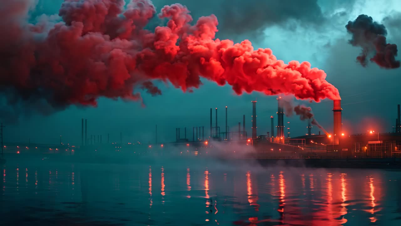 A large industrial plant is emitting smoke into the air. The smoke is red and billowing out of the plant. The sky is dark and cloudy, and the water is calm. The scene is eerie and unsettling