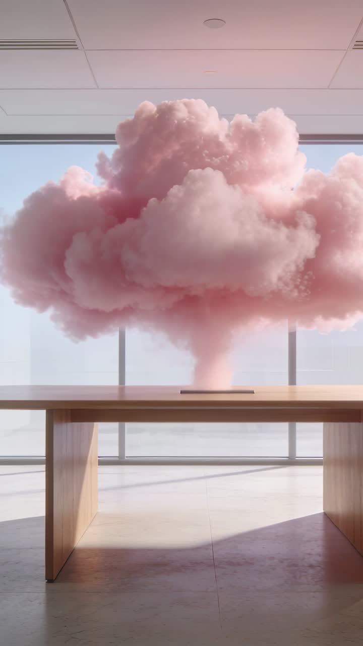 Video verticale: Nuvola rosa che si espande emanando da un tablet sottile sopra un tavolo di legno, sullo sfondo finestre d'ufficio.