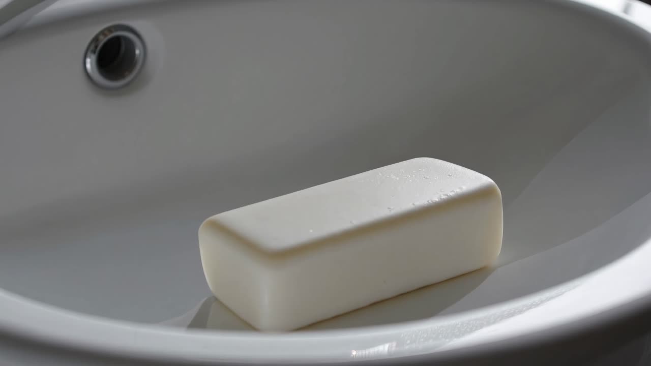 Close-up video of a white soap bar in a sink, captured from a low angle