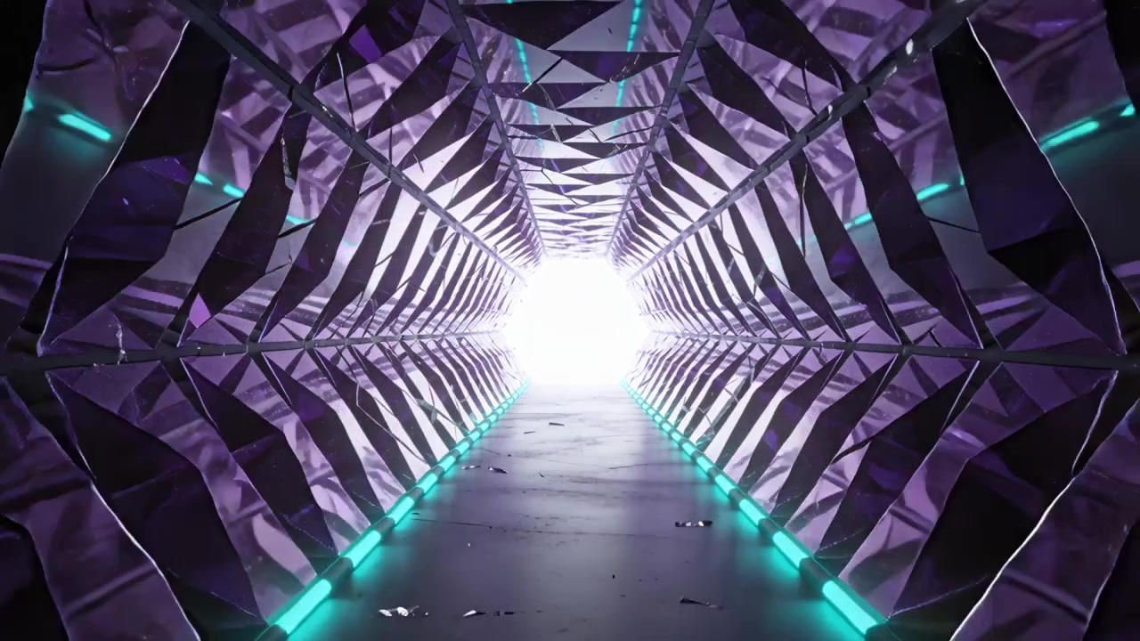 Advancing camera moving through faceted mirrored tunnel toward hexagonal exit, revealing teal LEDs