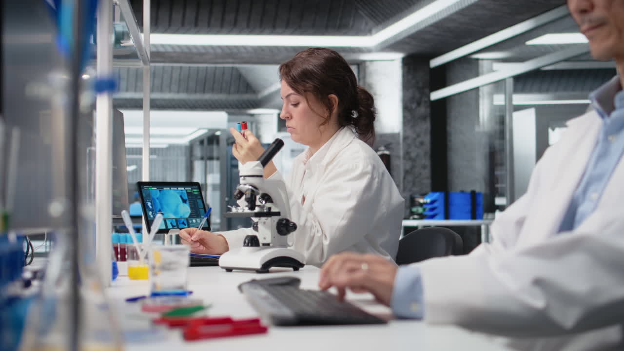 Vertical video Laboratory employee looks at blood sample and PH indicator