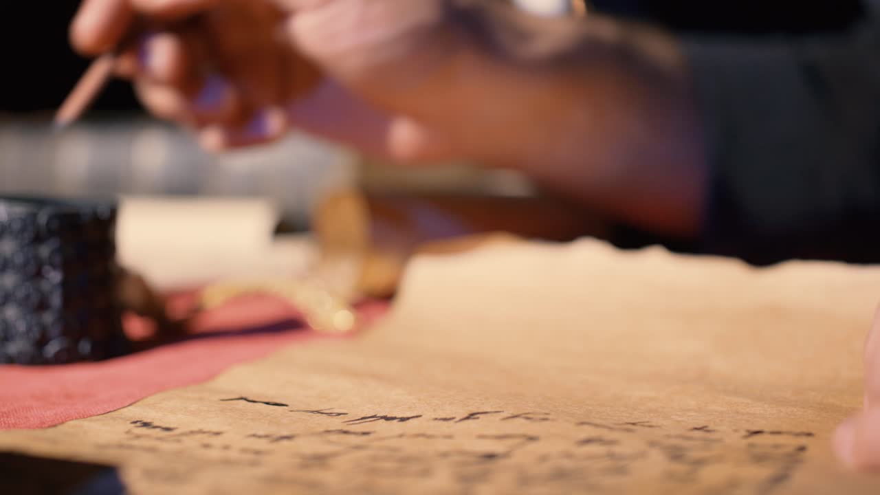 중세 시대의 펜과 종이의 사용.