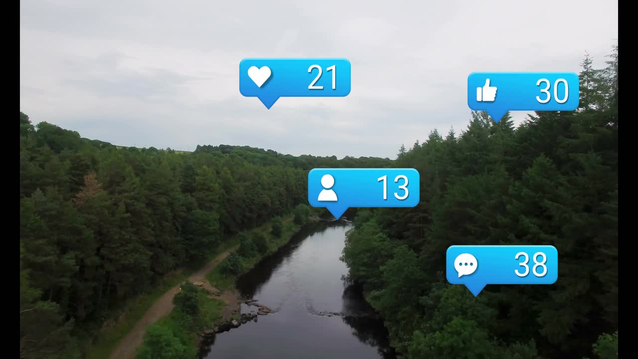 Drone drifting over river gorge revealing trail as social bubbles emerging counting engagement