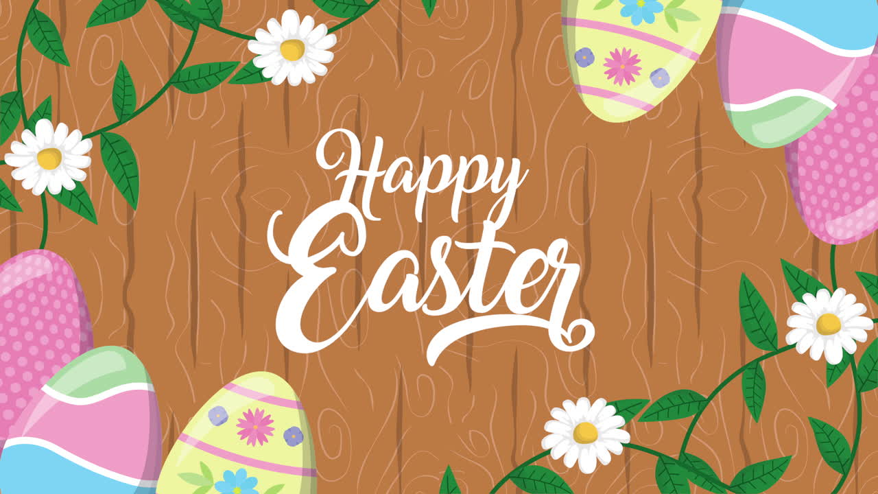 그림과 글씨가 새겨진 달이 있는 행복한 부활절 애니메이션 카드