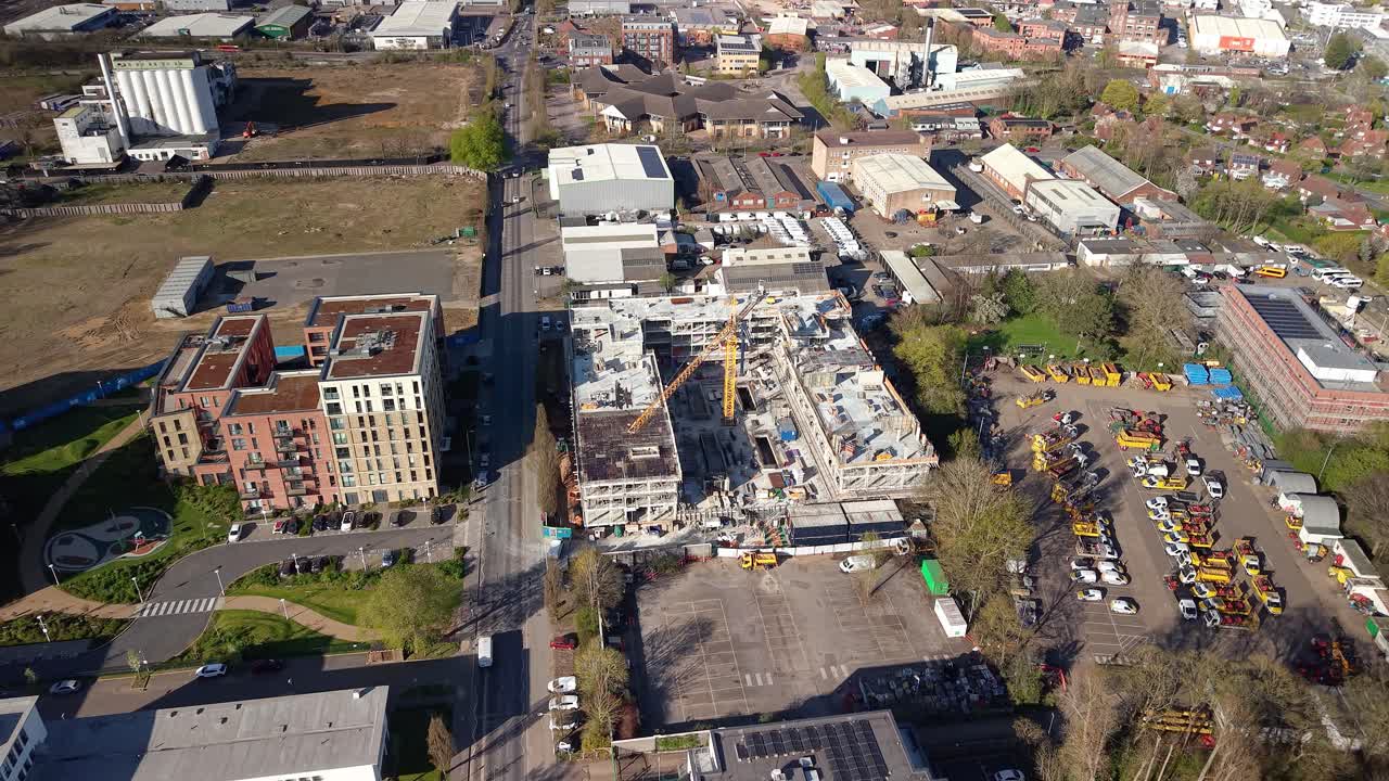 Aerial view descending towards Wheat quarter building construction site in Welwyn garden city uk