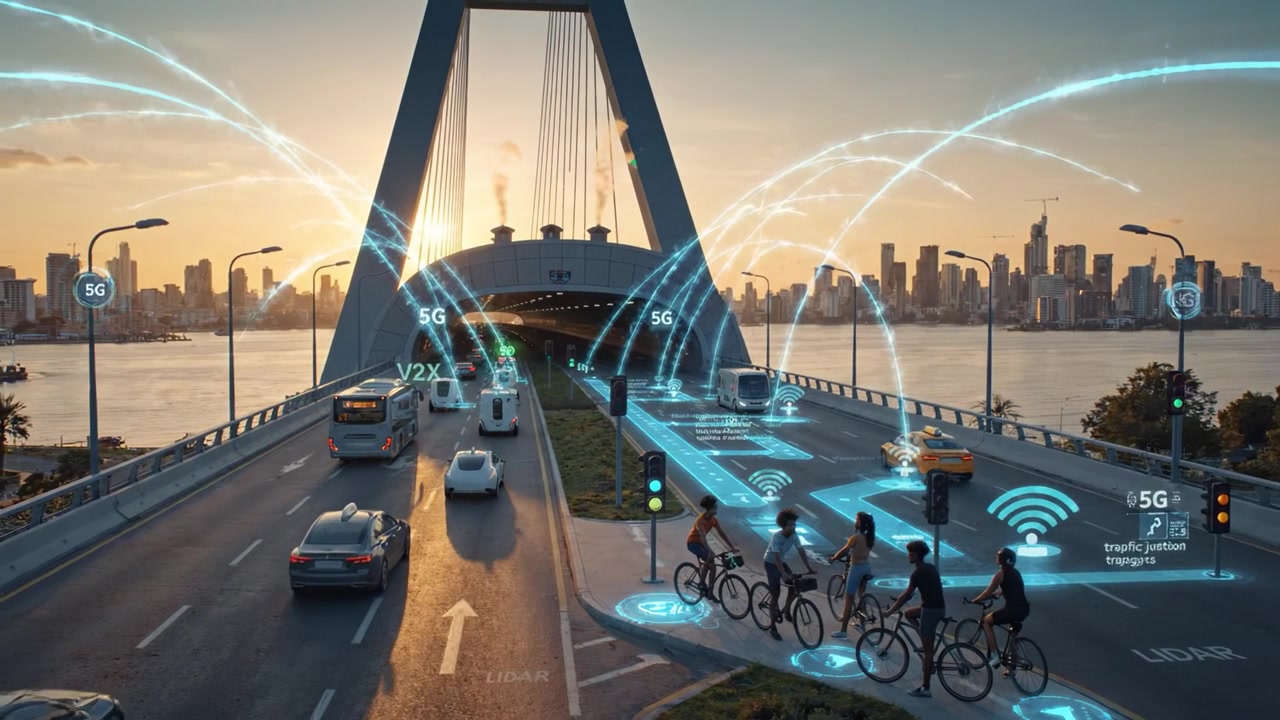 Futurismo urbano: Un vivace incrocio cittadino che mostra avventura, trasporti e tecnologia sotto un cielo tempestoso con fulmini e moderne funzionalità di connettività.